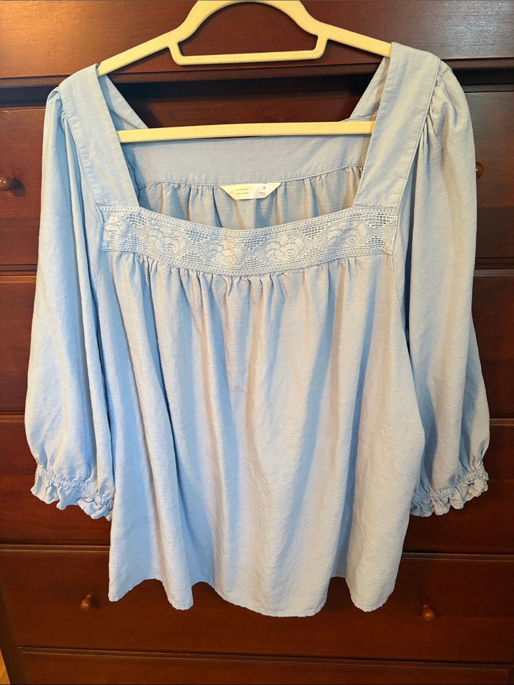 Lauren Conrad Light Blue Peasant Blouse with Lace Yoke - Women's Top-1X